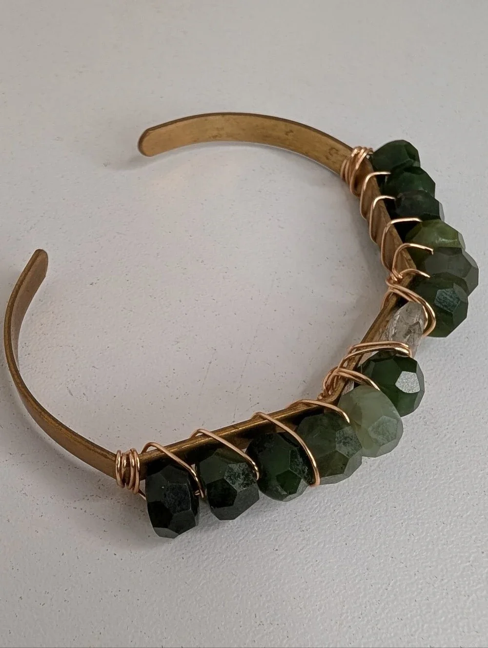 Faceted Nephrite Jade Wire-Wrapped Cuff Bracelet